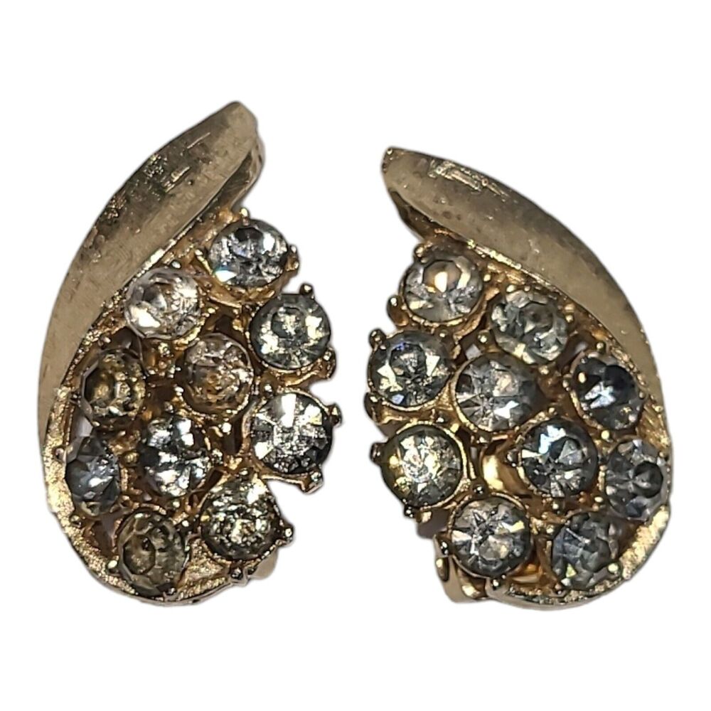 Vintage‎ Mode ART Arthur Pepper Matte Gold Gray Rhinestones Clip on Earrings